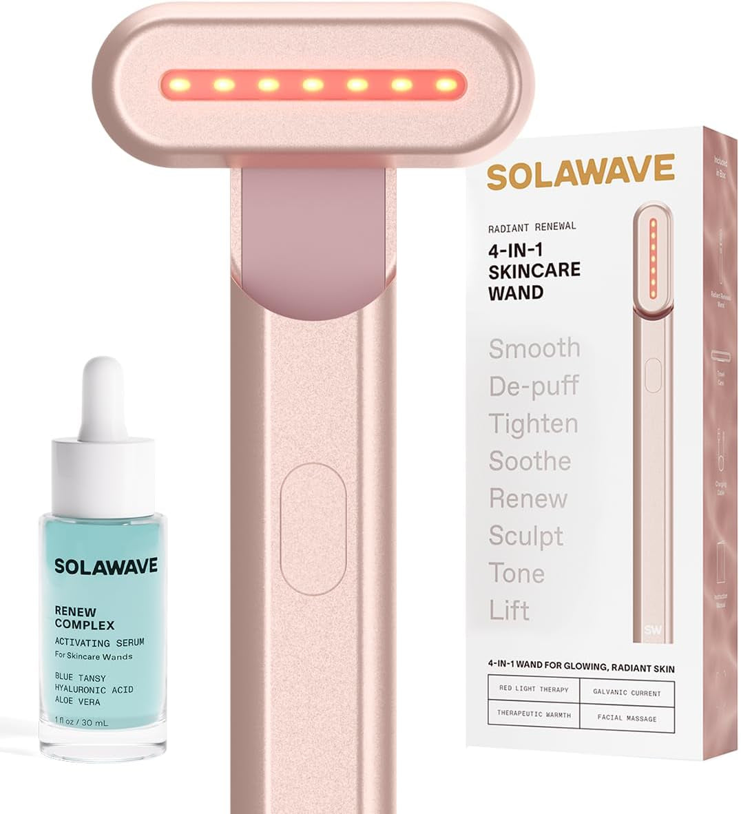 4-In-1 Radiant Renewal Red Light Therapy Wand & Renew Complex Activation Serum | Beauty Device for Face & Neck | Serum Boosts Anti-Aging Effects, Reduces Wrinkles, Dark Circles & Puffiness