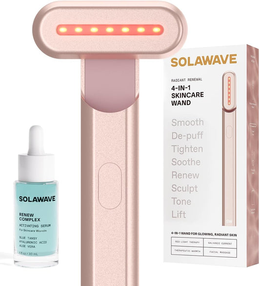 4-In-1 Radiant Renewal Red Light Therapy Wand & Renew Complex Activation Serum | Beauty Device for Face & Neck | Serum Boosts Anti-Aging Effects, Reduces Wrinkles, Dark Circles & Puffiness